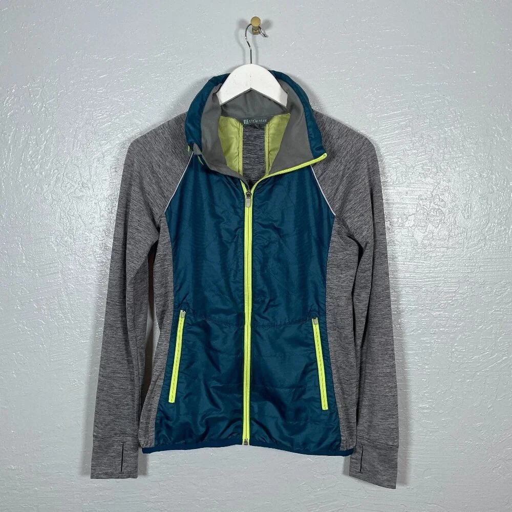 Title Nine Women S Gray Blue Willpower Running Jacket Full Zip Hooded Quilted - Picture 1 of 11